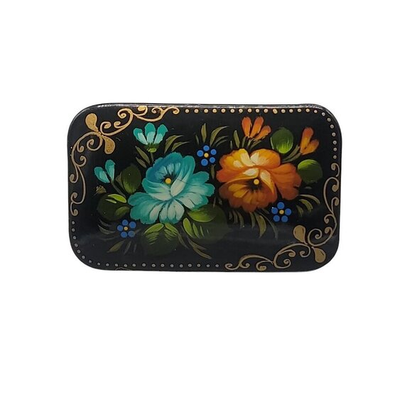 Russian Lacquer Brooch Hand Made Paper Mache Hand Painted Floral Signed - Picture 1 of 8